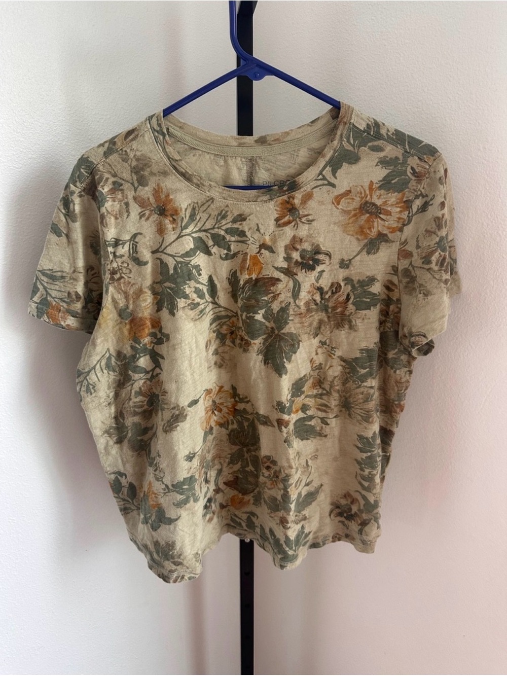 Pilcro Anthropologie Floral Short-Sleeve Tee in Beige, Green, Mustard XL